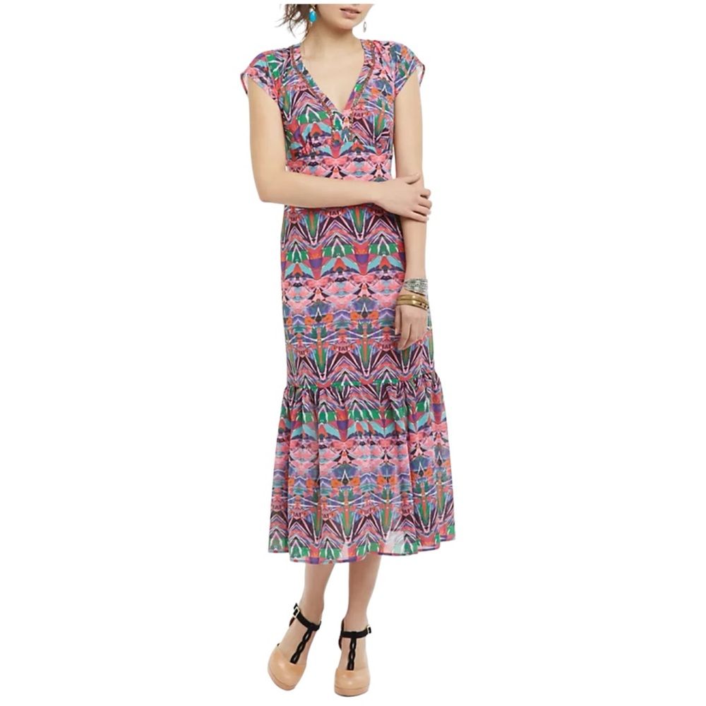 Anthropologie Vanessa Virginia Beaded Mural Maxi Dress Tie Back in Red Motif
